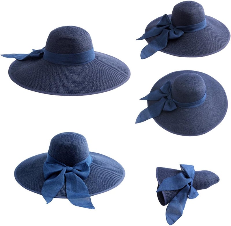 Lanzom Womens 5.7 Inches Big Bowknot Straw Hat Large Floppy Foldable Roll up Beach Cap Sun Hat UPF 50+ - Image 2